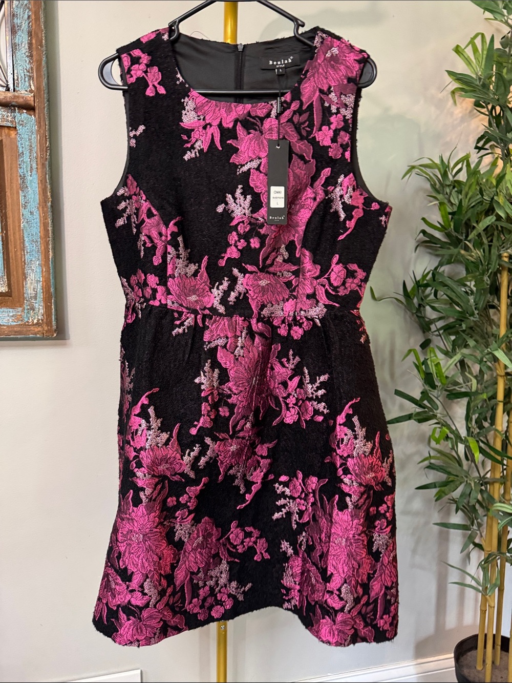 Beulah Black floral embossed mini Dress with Fuchsia Floral Jacquard Accents NWT